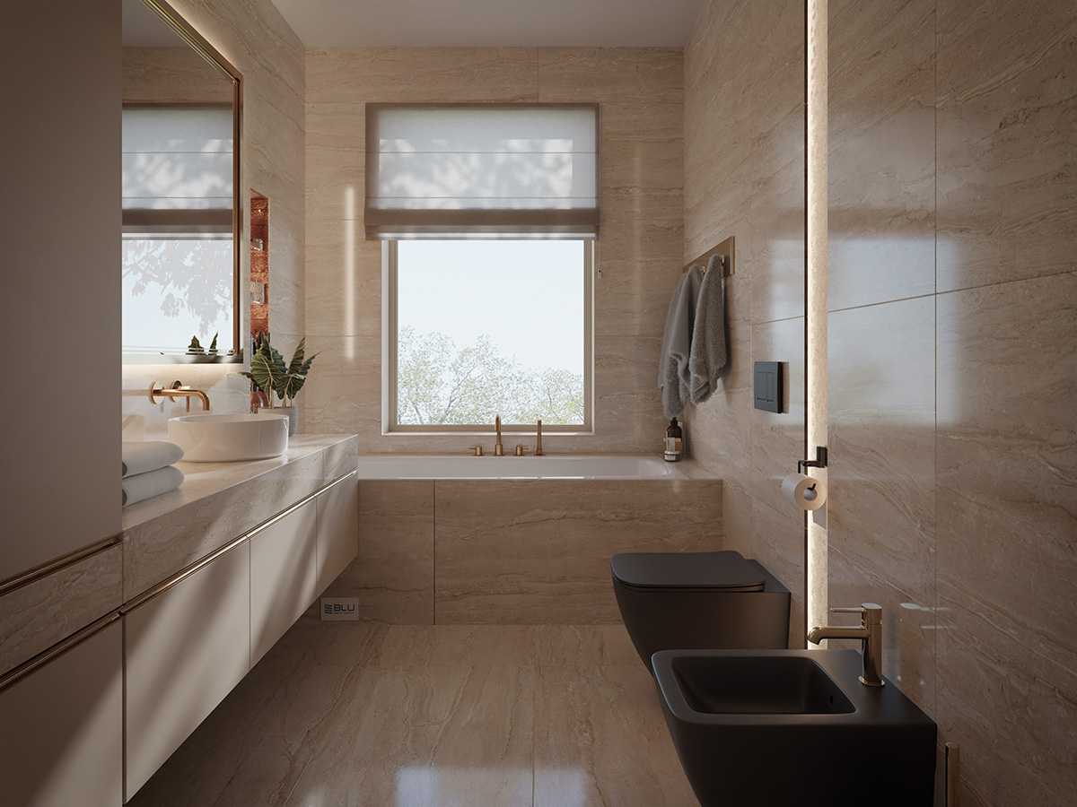 Łazienka z oknem i płytkami Azario Legerstone.